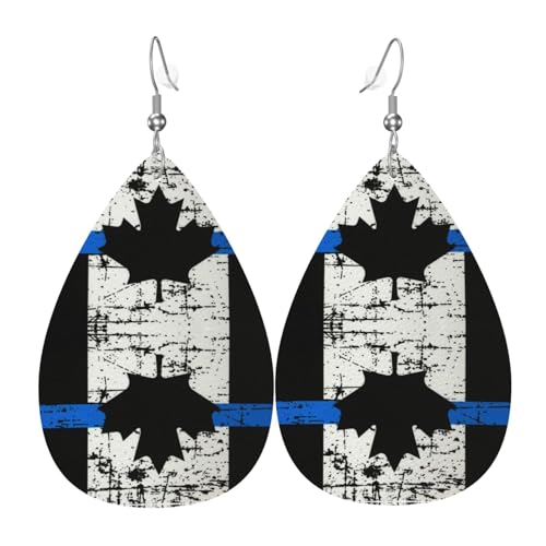 Lederohrringe Zerfetzte, Verzweifelte Dünne Blaue Linie Kanada-Flagge Tropfenohrringe 1 Paar Mode Teardrop Leder Ohrringe, Für Braut Party, Wedding, Mädchen von Generic