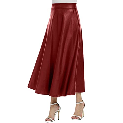 Lederrock Damen Schwarz, Leder Rock Lang, Midirock Damen A Linie High Waist Röcke Kleid Langer Wickelrock für Frauen Skirt Freizeitrock Einfarbig Herbstrock Sommerrock Elegant Kleidung von Generic