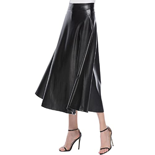 Lederrock Damen Schwarz, Leder Rock Lang, Midirock Damen A Linie High Waist Röcke Kleid Langer Wickelrock für Frauen Skirt Freizeitrock Einfarbig Herbstrock Sommerrock Elegant Kleidung von Generic