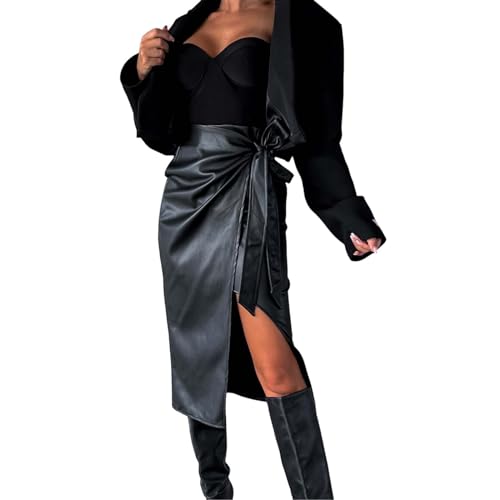 Lederrock Damen Schwarz Lange Knielang Bleistiftrock mit Schlitz Stretch Hohe Taille Wickelrock Mit Schleife Bodycon Knielange Damen Sexy PU Büro-Bleistiftröcke Punk Stil Maxirock Partyrock von Generic