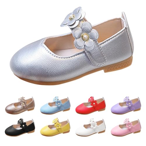 Lederschuhe Mädchen Prinzessin Schuhe mit Klettverschluss Blumen Ballerina Helle Sohle Süße Mary Jane Weiche Flache Schuhe Elegante Ballerinas Uniformschuhe (Silver, 22 Infant) von Generic