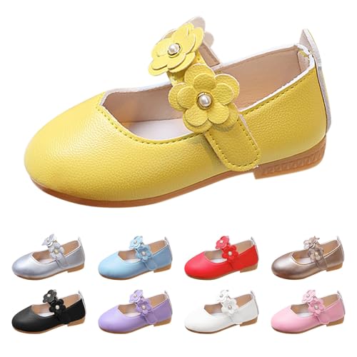 Lederschuhe Mädchen Prinzessin Schuhe mit Klettverschluss Blumen Ballerina Helle Sohle Süße Mary Jane Weiche Flache Schuhe Elegante Ballerinas Uniformschuhe (Yellow, 29 Little Child) von Generic