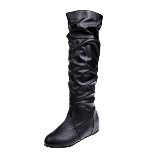 Lederstiefel Damen Mit Keil - Kniehohe Stiefel Langschaft Schlupfstiefel Pu-Leder Winterboots Elegant Stiefeletten Erhöhung Der Innenhöhe Boots Mädchen Lederritterstiefel Halb Stiefel von Generic