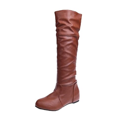 Lederstiefel Damen Mit Keil - Kniehohe Stiefel Langschaft Schlupfstiefel Pu-Leder Winterboots Elegant Stiefeletten Erhöhung Der Innenhöhe Boots Mädchen Lederritterstiefel Halb Stiefel von Generic