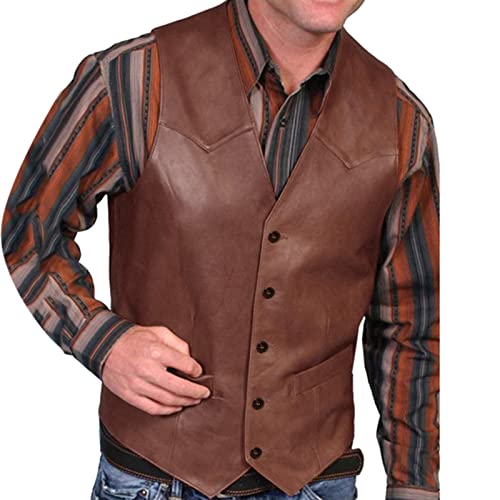 Lederweste Herren Retro Anzugweste PU Leder Herrenweste Elegant Ärmellose Lederjacke Gilet Kunstleder Anzug Westen Einfarbig Klassische Cowboy Weste Vintage Casual Lederwesten M-4XL (Brown, XXXXL) von Generic