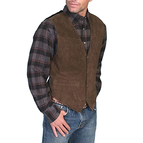 Lederweste Herren Wildleder Biker Trucker Weste Freizeitweste Leder Kutte Braun Druckknöpfe Herren Wildleder Leder Weste Vintage Cowboy Stil Ärmellose Jacke Slim Fit Hochzeit Weste Größen M-4XL von Generic