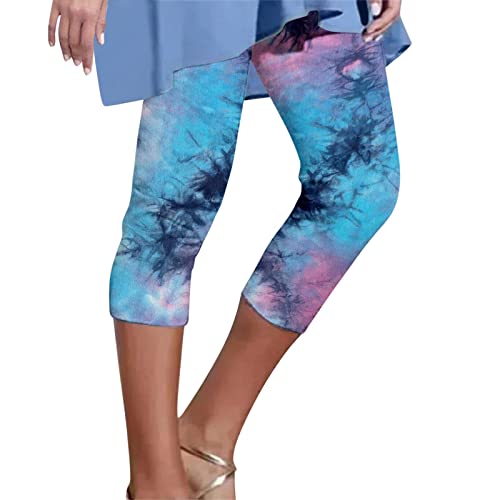 Leggings Damen 3/4 Leggins Mittel Taille Elastische Blickdicht Yogahose Sommer Streifen Drucken Blickdicht Sporthose Laufhose Capri Leggins Sporthose für Yoga Fitness(C Blau,XXL) von Generic