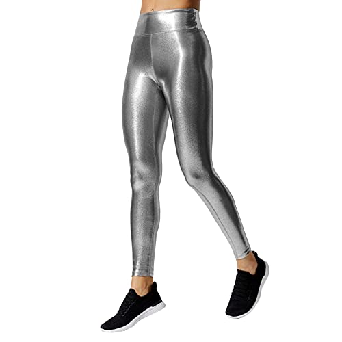Leggings Silber Metallic Damen Glänzende Flüssigkeit Metallisch High Waist Dehnbar-Leggings Lack Leder Sportlegging Schmale Passform Karnevalskostüme von Generic