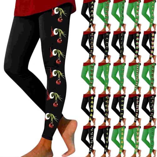 Leggings Weihnachten Damen Grinch Kostüm Thermo Leggings Sporthose Winter High Waist Frauen Gym Leggings Booty Scrunch Schwarz Yoga Leggings Mädchen Weihnachtshose von Generic