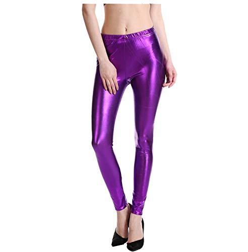 Leggins Silber Metallic Damen Glänzende Hose mit hoher Taille Shiny Legging Sexy glänzend Wet Look & Mat voller Länge Leggings hohe Taille Latex Kunstleder Glanz Metallic Partylook Disco (Purple-C, L) von Generic