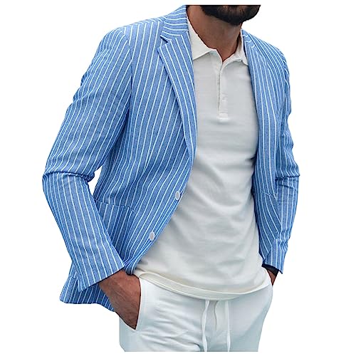 Leicht Blazer aus Baumwolle und Leinen für Herren Sommer Kurz Anzug Sakko Gestreifte Jacke Modern Business Anzugsjacke Slim Fit Hochzeit Festlich Smoking Abschlussball Party Cocktail Karneval von Generic