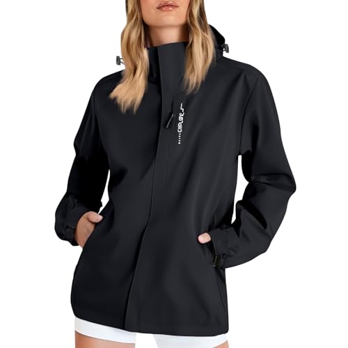 Leicht Regenjacke Damen Wasserdicht Atmungsaktiv Faltbar Windbreaker Sportjacke Mit Kapuze Wanderjacke Fahrradjacke Regencape regenmantel damen wasserdicht herbst jacke Black M von Generic