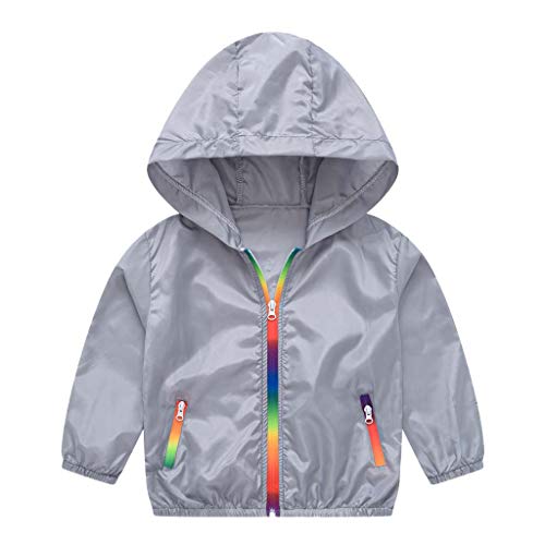 Leichte Regenjacke Mädchen Kapuzenjacke Dünn Sonnenschutz Jacke Jungen mit Regenbogen Reißverschluss Softshelljacke Baby Winddichte Wasserdicht Langarm Outdoorjacke (Grey, 11-12 Years) von Generic