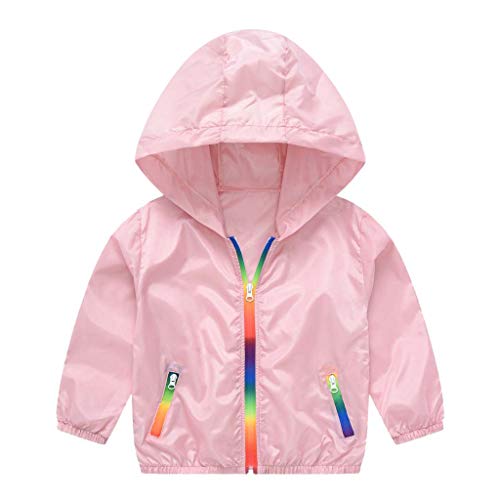 Leichte Regenjacke Mädchen Kapuzenjacke Dünn Sonnenschutz Jacke Jungen mit Regenbogen Reißverschluss Softshelljacke Baby Winddichte Wasserdicht Langarm Outdoorjacke (Pink, 7-8 Years) von Generic