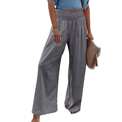 Leichte Sommerhose, Damen Leinenhose Damen Sommer Lang Weites Bein Sommerhose High Waist Bequem Luftig Leinen Freizeithose Leicht Elegant Locker Schlupfhose Stoffhose Palazzo Hose Wickelhose von Generic