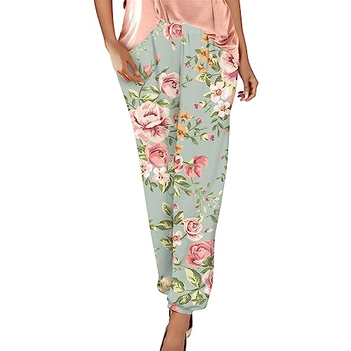 Leichte Sommerhose Damen Blumendruck Freizeithose Boho Strandhose Straight Bein Hosen Loose Haremshose Casual Bequeme Stoffhose Frauen Yogahose High Waist Angebote des Tages Heute von Generic