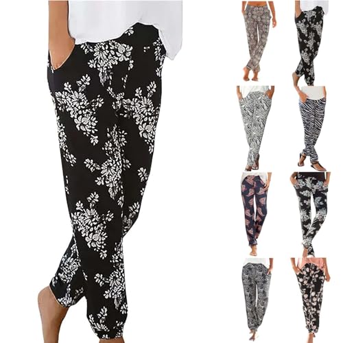 Leichte Sommerhose Damen Blumendruck Freizeithose Boho Strandhose Straight Bein Hosen Loose Haremshose Casual Bequeme Stoffhose Frauen Yogahose High Waist von Generic