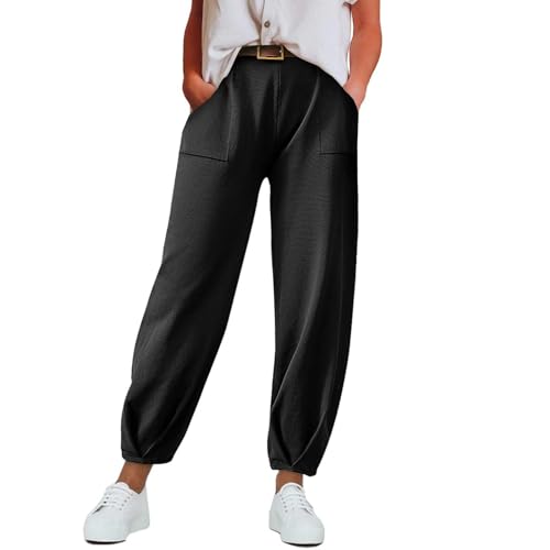 Leichte Sommerhose Damen Stretch - Haremshose Damen Baumwolle Dünn Jogginghose Elastische Stoffhose Mit Taschen Yogahose Weites Bein Gummizug Freizeithose Stretch Schlupfhose -High Waist Hose von Generic
