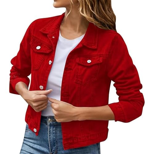 Leichte Sommerjacke Damen Jacke Mode für Damen Jeansjacke Kurz Langarm Button Up Sweatshirt Jacken mit Taschen Denim Jean Jacket M A Red von Generic
