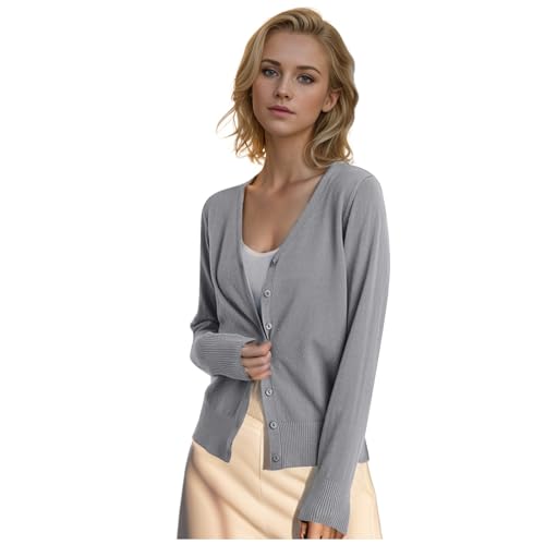 Leichte Strickjacke Damen Sommer Elegant Cardigan V Ausschnitt Übergangsjacke Button Down Klassisch Slim Fit Trachtenjacke Sweater Strickjacken Strickpullover Pullover von Generic