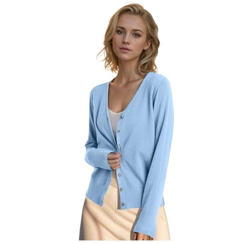 Leichte Strickjacke Damen Sommer Elegant Cardigan V Ausschnitt Übergangsjacke Button Down Klassisch Slim Fit Trachtenjacke Sweater Strickjacken Strickpullover Pullover von Generic
