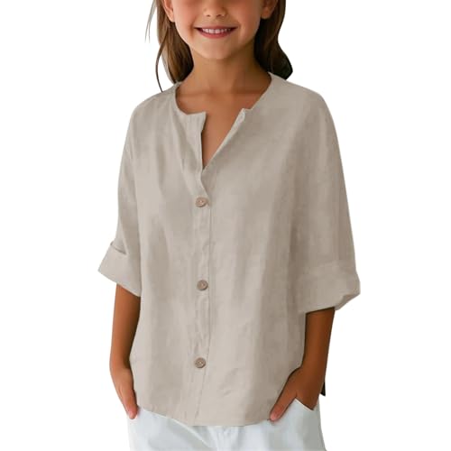 Leinen Baumwoll T-Shirt Mädchen Sommer Dünn V-Ausschnitt Langarm Button down Shirts Kinder Urlaub Strand Plain Kleidung Lässige Baggy Komfort Locker T Plain 𝗠odeTäglich Kleidung (Beige, 9-10 Years) von Generic