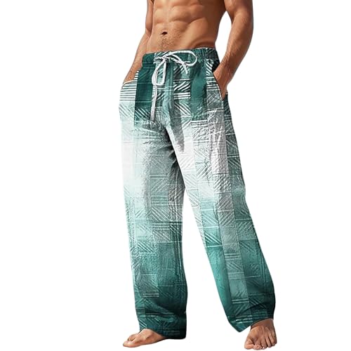 Leinen Baumwolle Haremshose- Yogahose Lang Weites Bein-Strandhose Lang Leicht Laufhose Lange Mit Tasche Sweathose Causal Atmungsaktiv Sporthose Männer Yogahose Mit Bunt Muster Hosen von Generic
