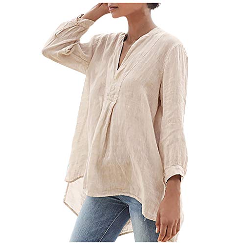 Leinen Bluse Damen Sommer Langarm V-Ausschnitt Grosse Grössen Leinentunika Leinenoberteile Leinenbluse Einfarbig Tshirt Loose Elegant Oberteile Pullover T-Shirts Tops, Beige, M von Generic