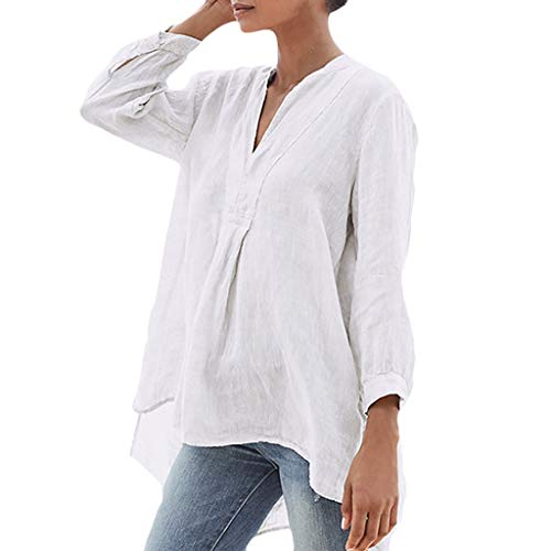 Leinen Bluse Damen Langarm V-Ausschnitt Grosse Grössen Leinentunika Leinenoberteile Leinenbluse Einfarbig Tshirt Loose Oberteile Pullover T-Shirts Tops, Weiß, Generic bluse damen von Generic