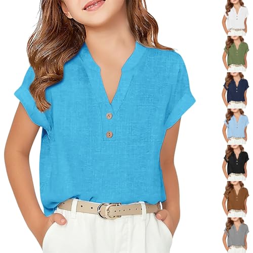 Leinen Bluse Mädchen Lässig Leinenhemden Kinder Kurzarm V-Ausschnitt Tunika-Blusen mit Knopfleiste Atmungsaktiv Shirt Leicht Trendig Hemd Einfarbig Kinderkleidung (Sky Blue, 8-9 Years) von Generic