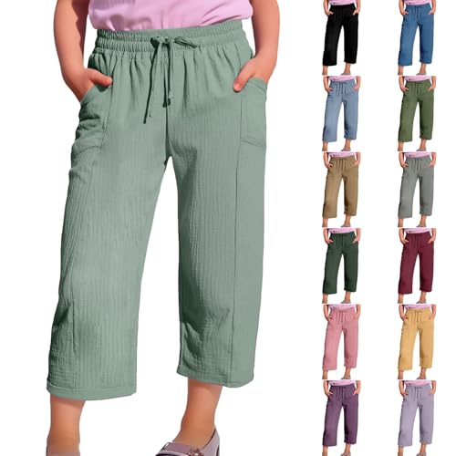 Leinen Caprihose Mädchen 3/4 Hose Kinder Wide Leg High Waist Gummibund Baggy Einfarbige Capri Hosen Baumwoll Leinen Sommerhose Weites Bein Sporthose (Camouflage, 10-11 Years) von Generic
