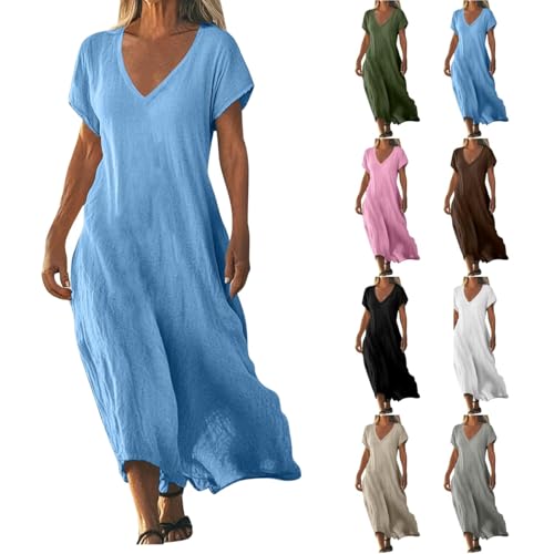 Leinen-Freizeitkleider für Damen,lockeres Leinenkleid mit V-Ausschnitt, Einfarbiges Damen-Maxikleid aus Baumwollleinen in Übergröße mit kurzen Ärmeln,fließendes Strand-Maxikleid (Blue,S) von Generic
