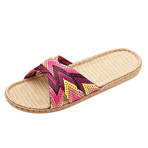 Leinen-Hausschuhe Damen Lustig Feste Sohle - Flip Flop Damen Mit Fußbett Pantoletten Herren Atmungsaktiv Hausschuhe Sommerschuhe Flat Strand Schuhe Slipper Slides Rutschfest Badeschuhe/Pantoffeln von Generic