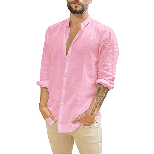 Leinen Hemd Herren Langarm Leinenhemd Sommerhemde Freizeit Hemd Leinenhemd Langarm Hemd Atmungsaktives Bequeme Regular Fit Men Shirts Rosa L von Generic