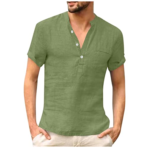 Leinen Hemd Herren Langarm T-Shirt Einfarbige Freizeithemden für Männer Herrenhemden Kurzarm Leinenhemd Lässige Mit Stehkragen Weiß,Sommer Hemden für Herren，Y-Army Green，XXL von Generic