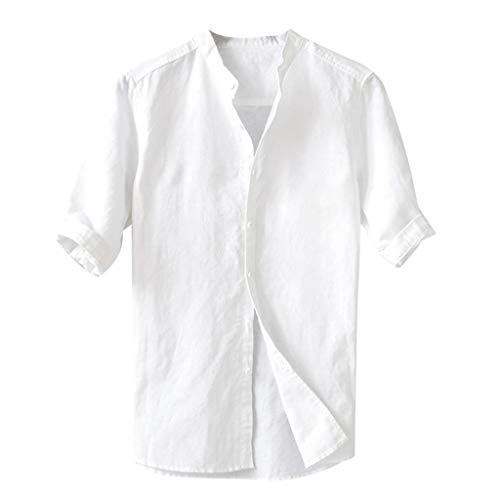 Leinen Hemd Herren Sommer Hemden Herren Sommerhemd mit Grandad-Kragen Freizeithemd Kurzarm Hemd Männer Lässiges Button Down Regular Fit Men Shirts Weiß L von Generic