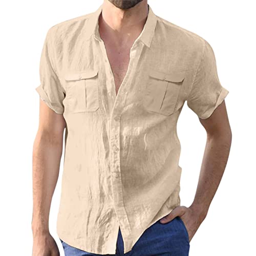 Leinen Hemden Herren Kurzarm Hemden Baumwolle Grandad-Kragen Sommerhemde Freizeit Hemd Henley Leinenhemd Urlaub Strand Leinen Hemd Regular Fit Freizeithemd Khaki XL von Generic