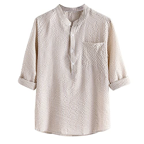 Leinen Hemden Herren Kurzarm Hemden Baumwolle Männer Sommerhemde Freizeit Hemd Henley Leinenhemd Strand Beach Leinen Hemd Regular Fit Freizeithemd Beige M von Generic