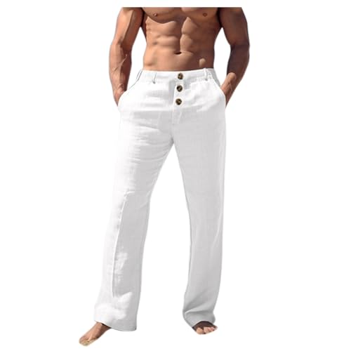 Leinen Hose Herren Blau Baumwolle Leinenhose Herren Sommer Freizeit Strandhose mit Multi Taschen Einfarbig Bequem Sommerhose Baggy Herrenhose mit Knöpfen Leichte Outdoorhose Stretch Stretchhose von Generic