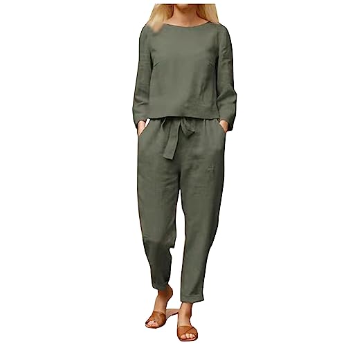 Leinen Outfits Damen Leicht Zweiteiler Jogginganzug Sommer Elegant Hosenanzug Modische Sportlich 2 Teiliges Set Atmungsaktiv Sportanzug Lose Elegant Tracksuit Hosenanzug Damen Elegant von Generic