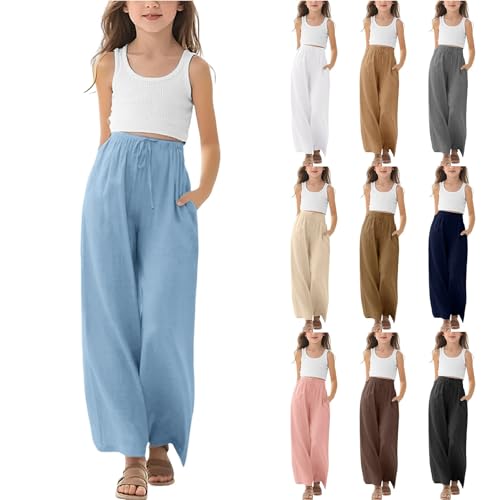 Leinen Palazzo Hose Mädchen Boho Weites Bein Hohe Taille Hosen Leichte Sommerhose Anti-Moskito Outdoorhose Teenager Casual Einfarbig Stoffhose mitTaschen Baggy Jogginghose (Beige, 10-11 Years) von Generic