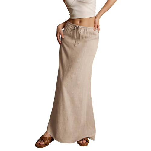Leinen Rock Damen Lang Musselin Boho Sommerrock Elegant Strandrock Einfarbig Kordelzug Maxirock Große Größen Freizeitrock Hohe Taille A-Linie Bequeme Faltenrock Sommer Röcke von Generic
