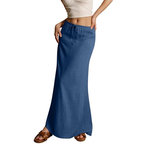 Leinen Rock Damen Lang Musselin Boho Sommerrock Elegant Strandrock Einfarbig Kordelzug Maxirock Große Größen Freizeitrock Hohe Taille A-Linie Bequeme Faltenrock Sommer Röcke von Generic