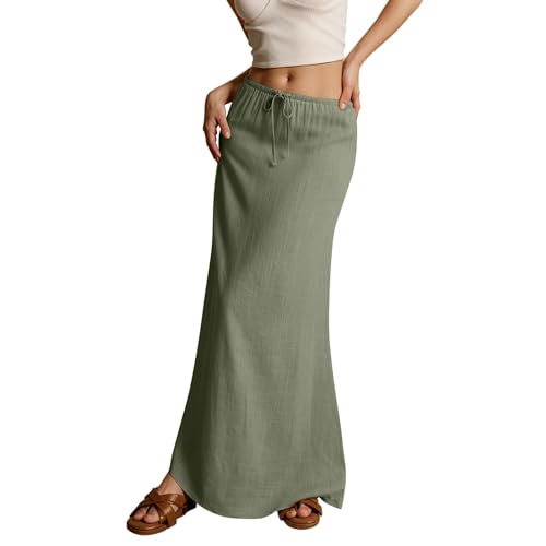 Leinen Rock Damen Lang Musselin Boho Sommerrock Elegant Strandrock Einfarbig Kordelzug Maxirock Große Größen Freizeitrock Hohe Taille A-Linie Bequeme Faltenrock Sommer Röcke von Generic