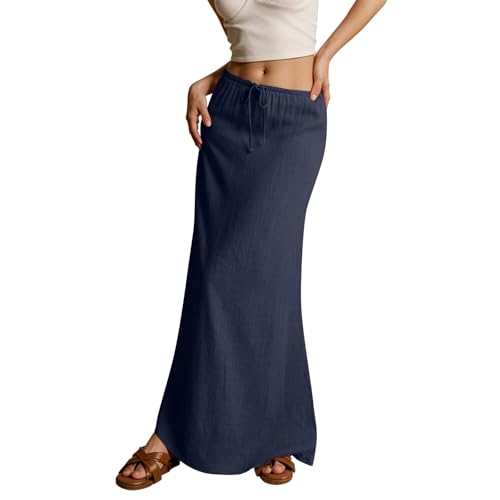 Leinen Rock Damen Lang Musselin Boho Sommerrock Elegant Strandrock Einfarbig Kordelzug Maxirock Große Größen Freizeitrock Hohe Taille A-Linie Bequeme Faltenrock Sommer Röcke von Generic