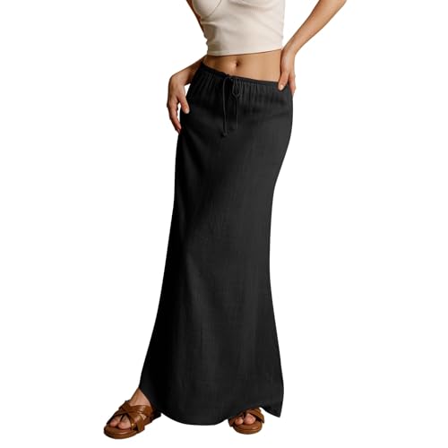 Leinen Rock Damen Lang Musselin Boho Sommerrock Elegant Strandrock Einfarbig Kordelzug Maxirock Große Größen Freizeitrock Hohe Taille A-Linie Bequeme Faltenrock Sommer Röcke von Generic