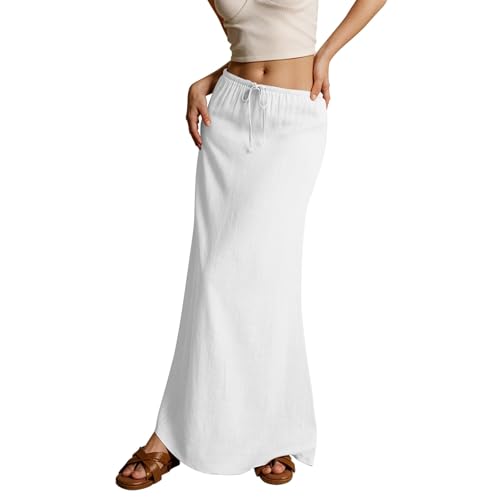 Leinen Rock Damen Lang Musselin Boho Sommerrock Elegant Strandrock Einfarbig Kordelzug Maxirock Große Größen Freizeitrock Hohe Taille A-Linie Bequeme Faltenrock Sommer Röcke von Generic