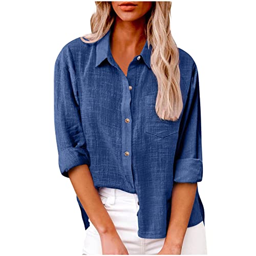 Leinen Shirt Damen Sommer,Hemd Damen Elegant,Damen Leinen Button Down Hemd 2024 Lässig Langärmelig Unifarben Hemd Gemustert Tasche Locker Workwear Tops,blau,4XL Leinen Shirt Damen Sommer,Hemd Damen Elegant,Damen Leinen Button Down Hemd 2024 Lässig Langärmelig Unifarben Hemd Gemustert Tasche Locker Workwear Tops,blau,4XL von Generic