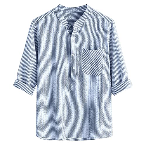 Leinen Shirt Herren Sommer Kurzarm Gestreift Hemd Baumwolle Leinen Freizeithemd Leinenhemd Sommerhemd Kurzarmhemd Stehkragenhemd Regular Fit Männer Tops Trachtenhemd Blau XXL von Generic
