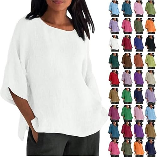 Leinen Shirts Damen Elegant Einfarbig Sommer T-Shirts Musselin Bluse 3/4 Arm Elegant Leinenhemd Langarmshirt Basic Kurzarm Oberteile Baumwolle Lässig Tunika Frau Große Größen Oberteil Casual Tshirt von Generic